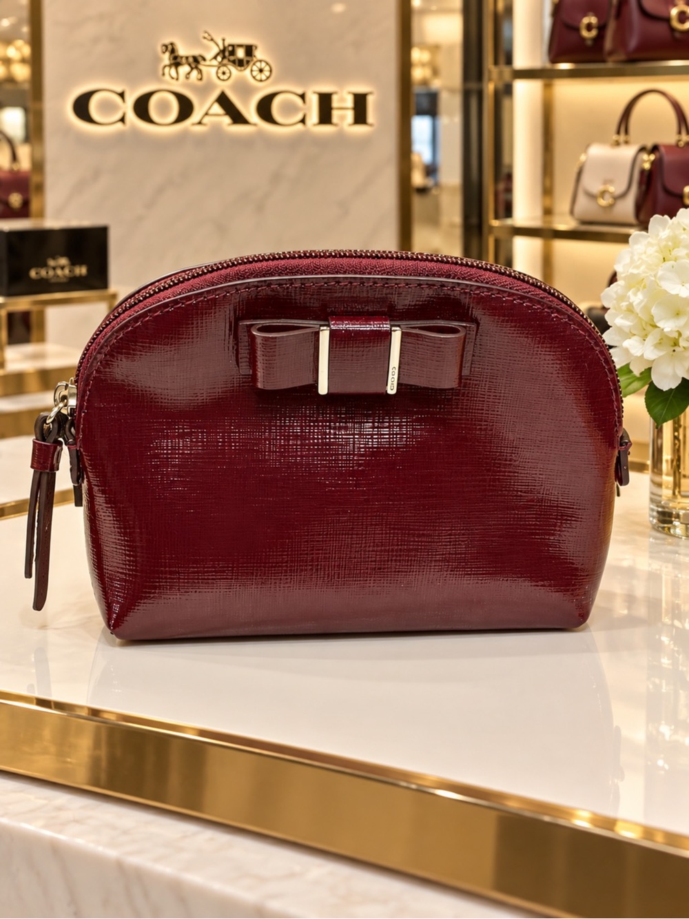 Coach Burgundy Patent Leather Bow Cosmetic Pouch